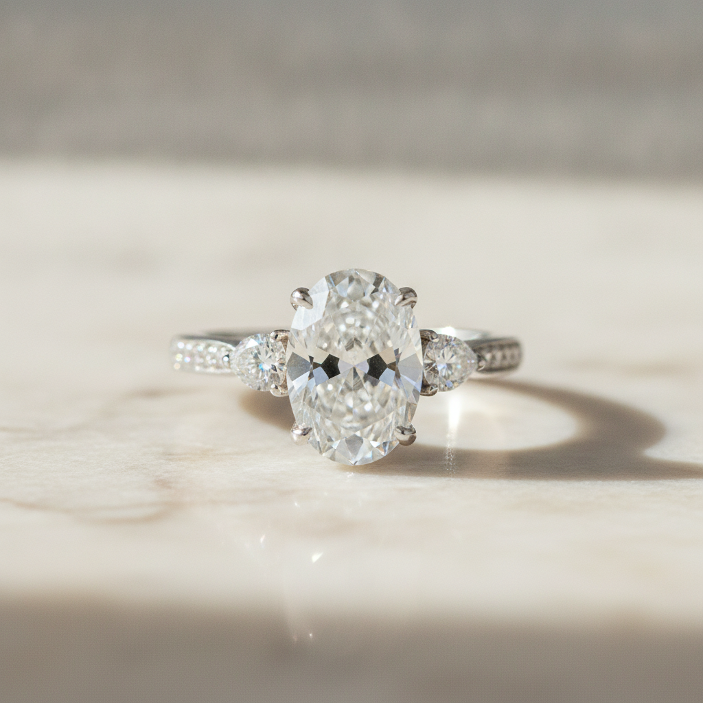 Oval White Gold Three-Stone Cathedral Engagement Ring