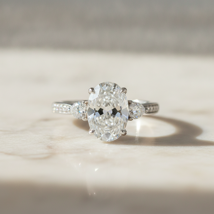 Oval White Gold Three-Stone Cathedral Engagement Ring