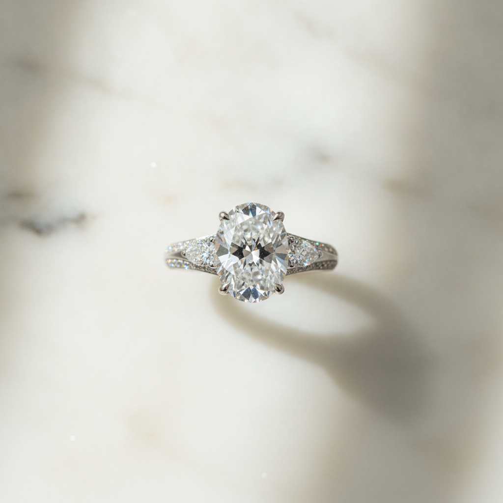 Oval White Gold Three-Stone Cathedral Engagement Ring