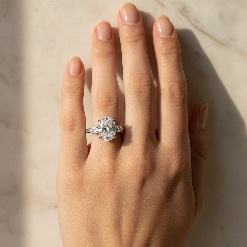 Oval White Gold Three-Stone Cathedral Engagement Ring