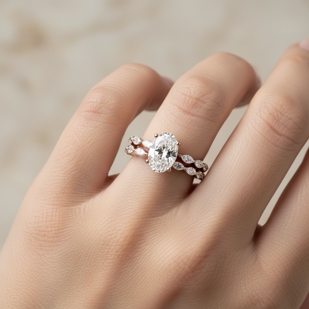 Vintage Oval Rose Gold Marquise Accent Cluster Ring