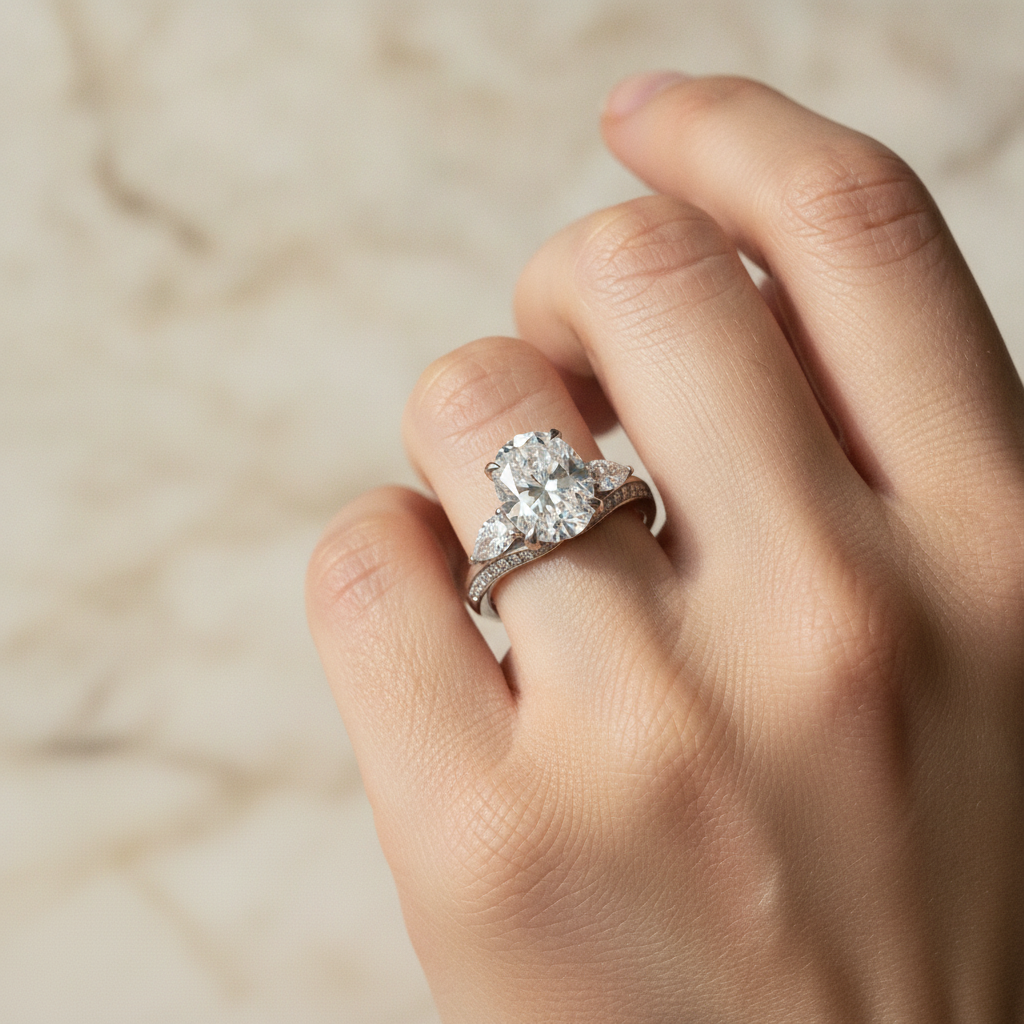 Oval White Gold Three-Stone Cathedral Engagement Ring