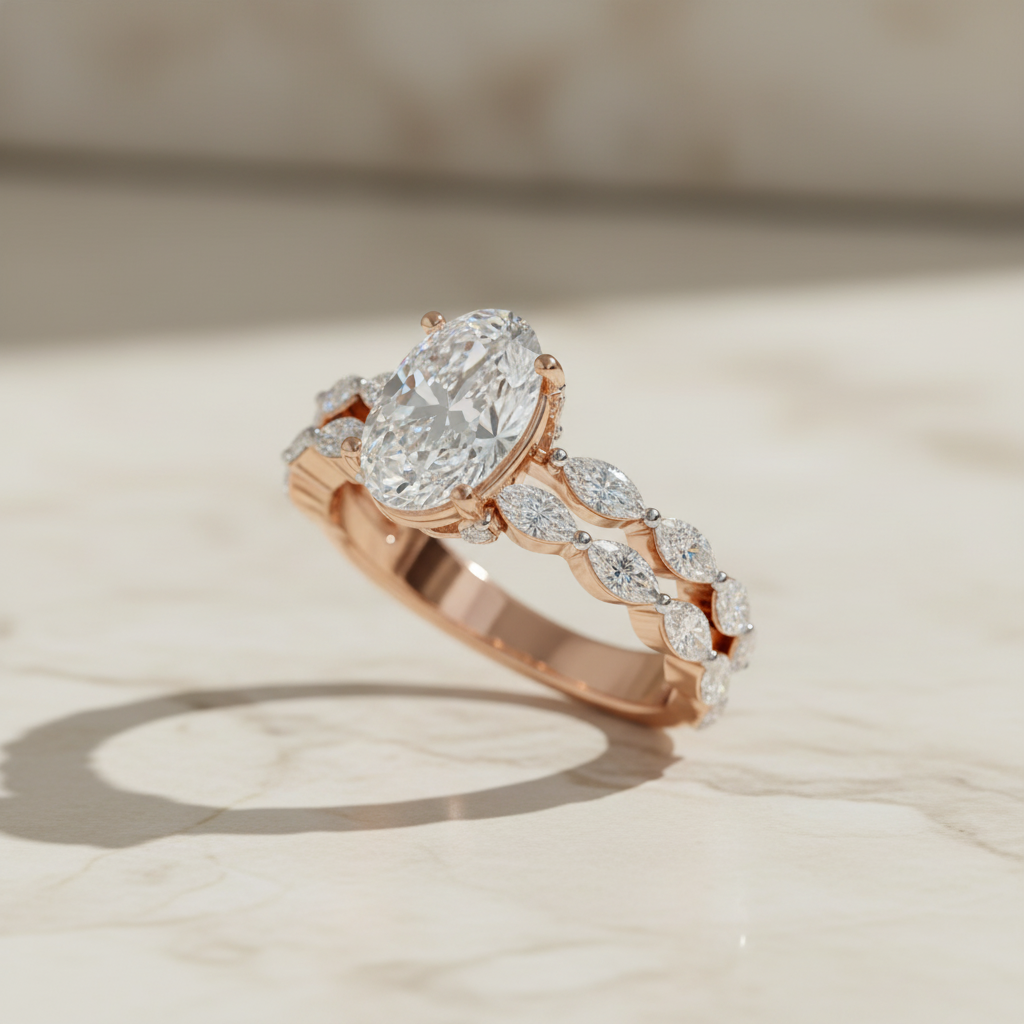 Vintage Oval Rose Gold Marquise Accent Cluster Ring