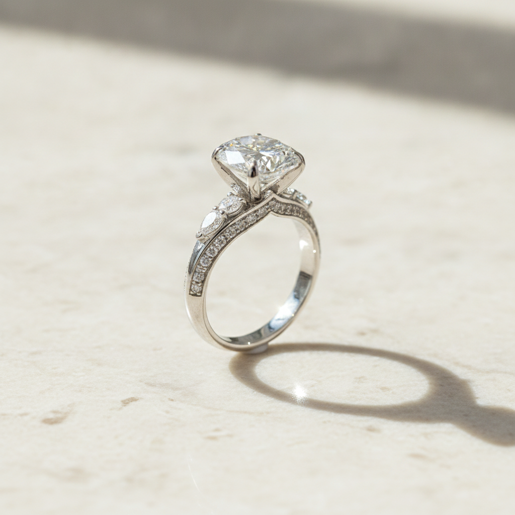 Oval White Gold Three-Stone Cathedral Engagement Ring