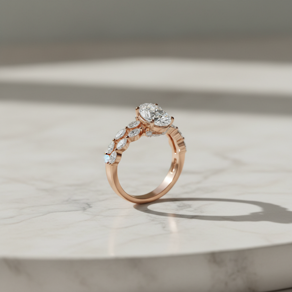 Vintage Oval Rose Gold Marquise Accent Cluster Ring