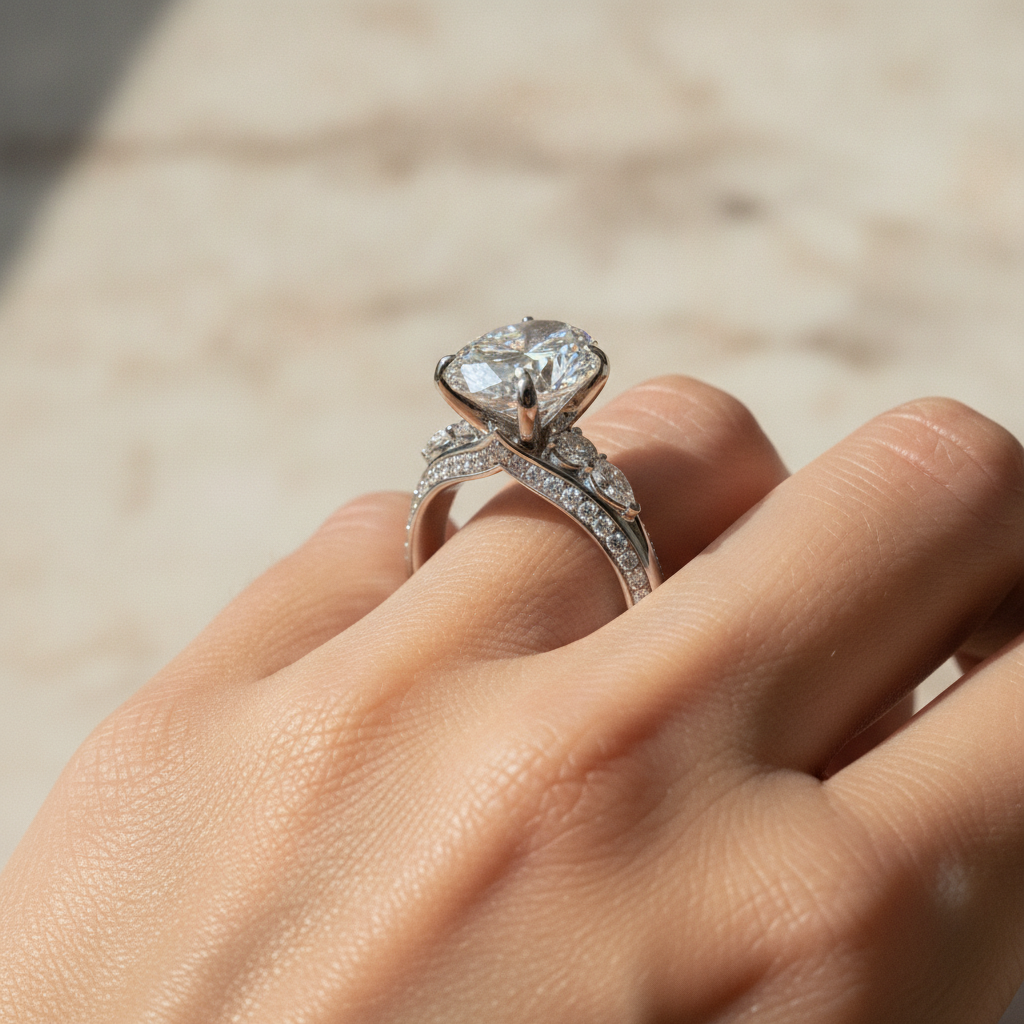 Oval White Gold Three-Stone Cathedral Engagement Ring