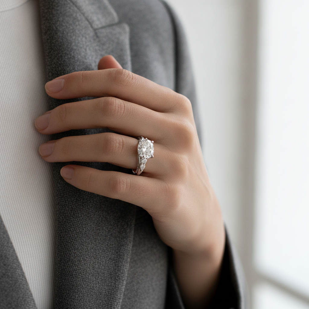 Oval White Gold Three-Stone Cathedral Engagement Ring