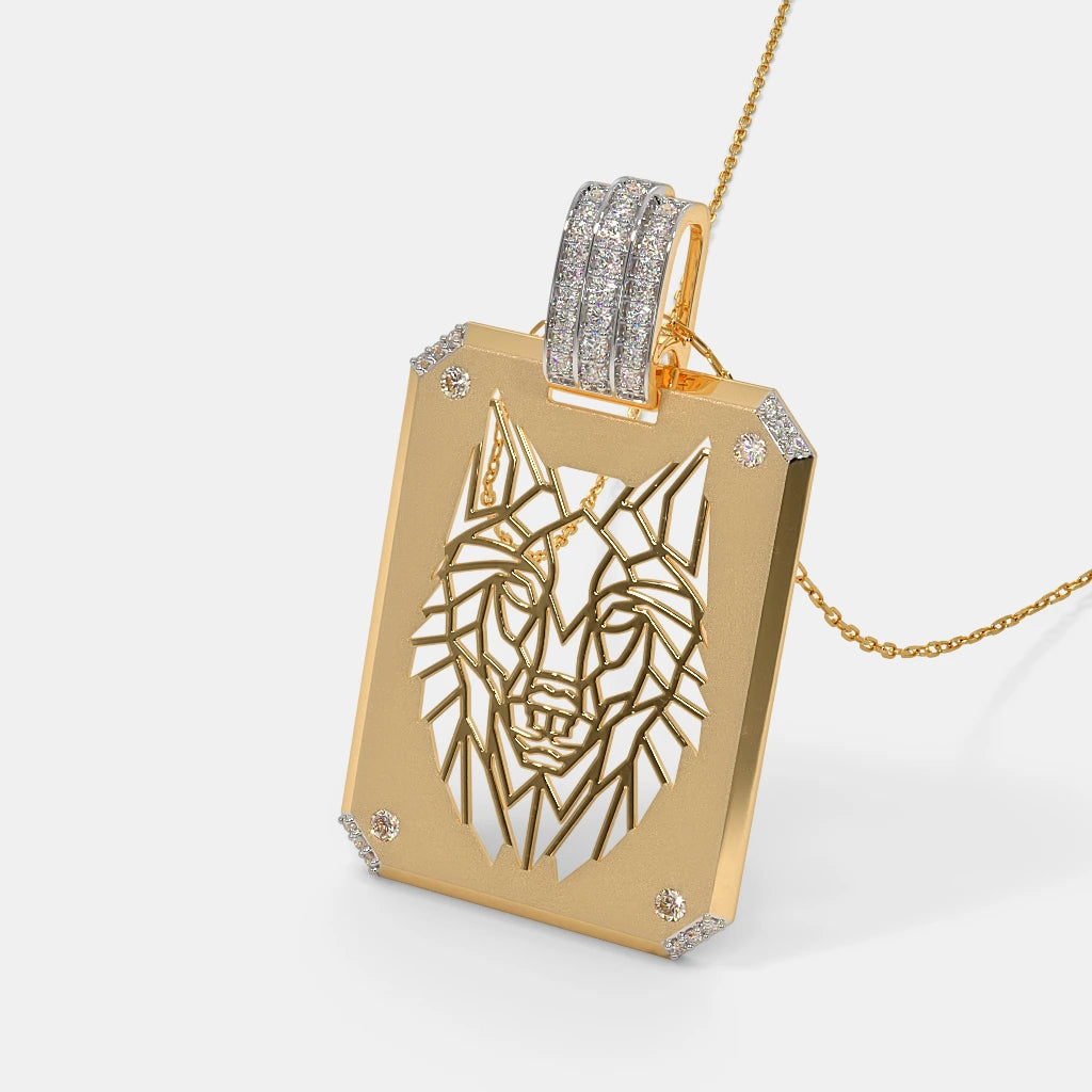 Geometric Wolf Cutout Diamond Tag Pendant