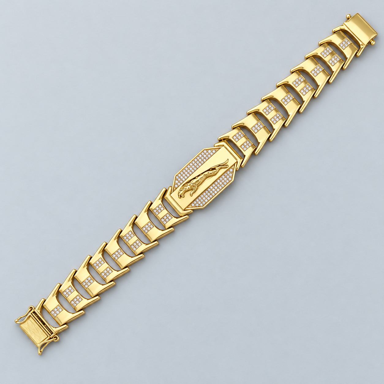 Gold-Tone Leaping Panther Motif and Clear Stone Panel Link Bracelet