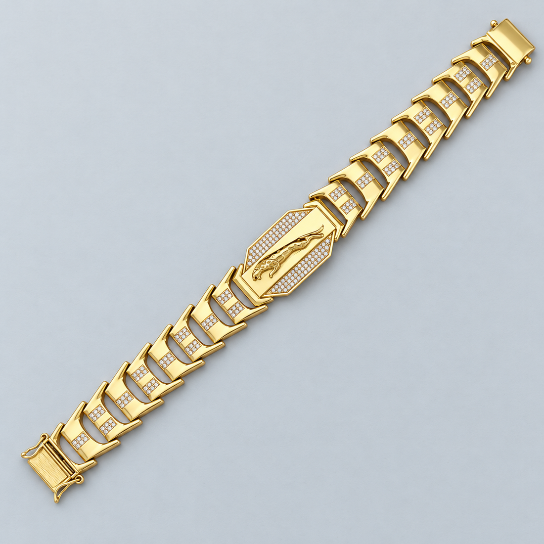 Gold-Tone Leaping Panther Motif and Clear Stone Panel Link Bracelet