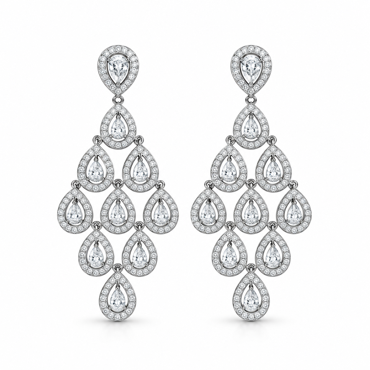 Pear-Shaped Pavé Teardrop Chandelier Earrings in White Gold Tone