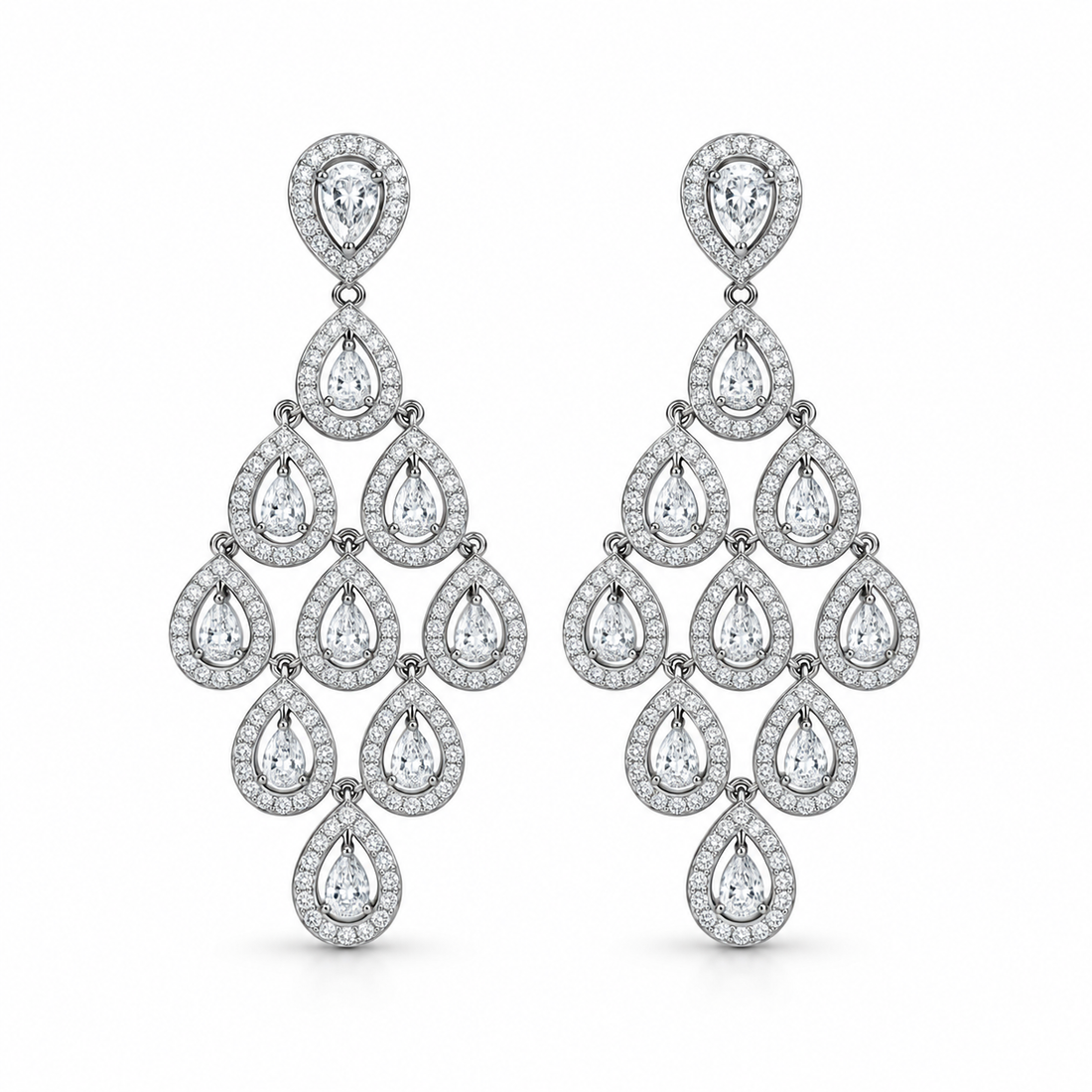 Pear-Shaped Pavé Teardrop Chandelier Earrings in White Gold Tone
