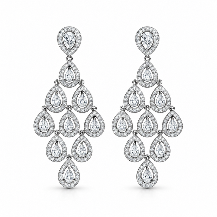 Pear-Shaped Pavé Teardrop Chandelier Earrings in White Gold Tone