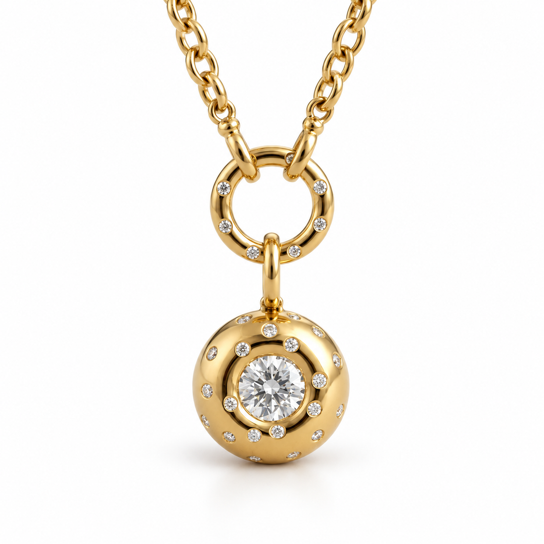Round Cut Solitaire Dome Drop Yellow Gold Pendant Necklace