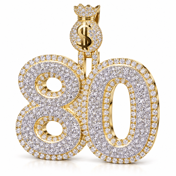 Custom Number 80 Iced Out Yellow Gold-Tone Pendant with Money Bag Bail – Hip Hop Jewelry