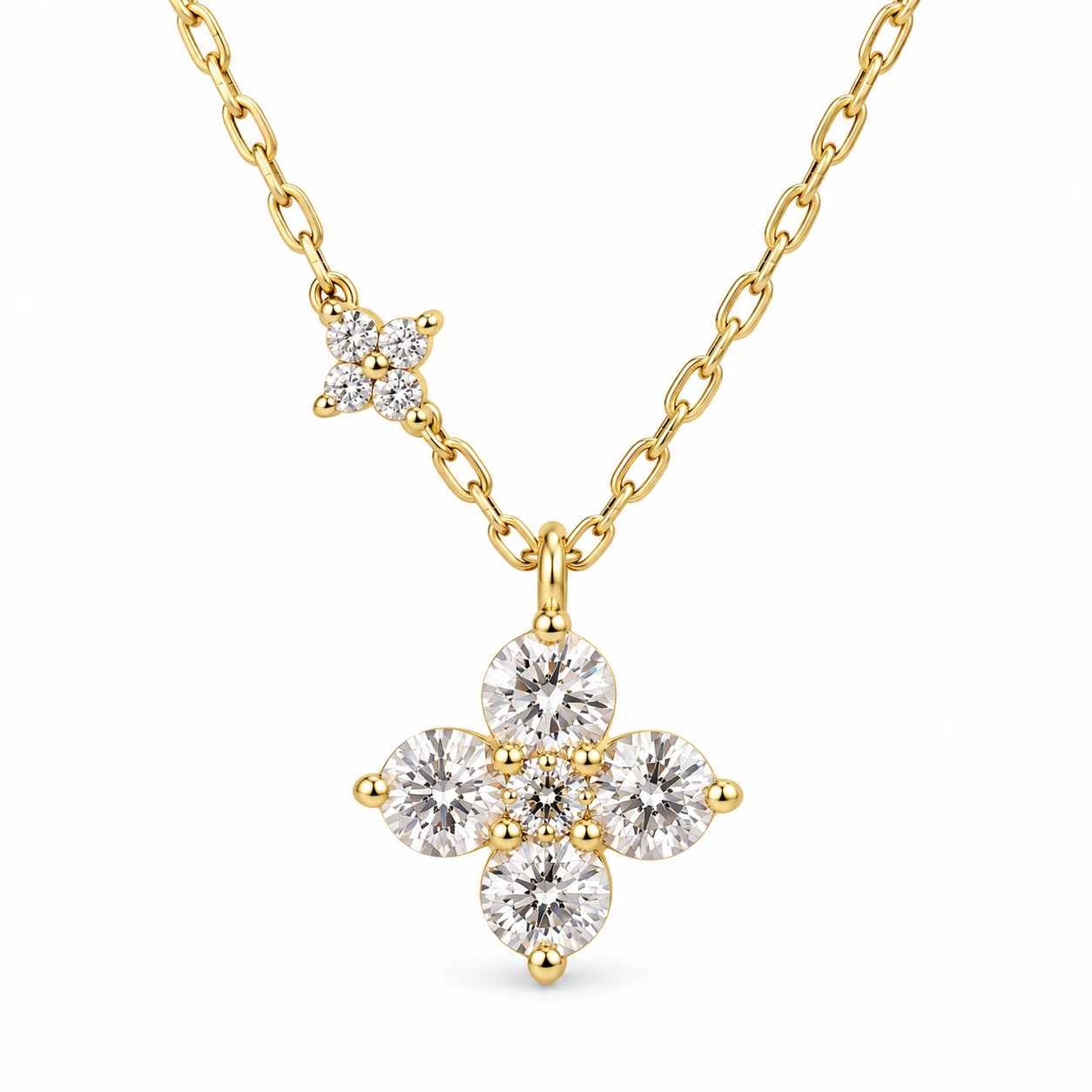 Four Petal Round Cut Floral Cluster Yellow Gold Pendant Necklace