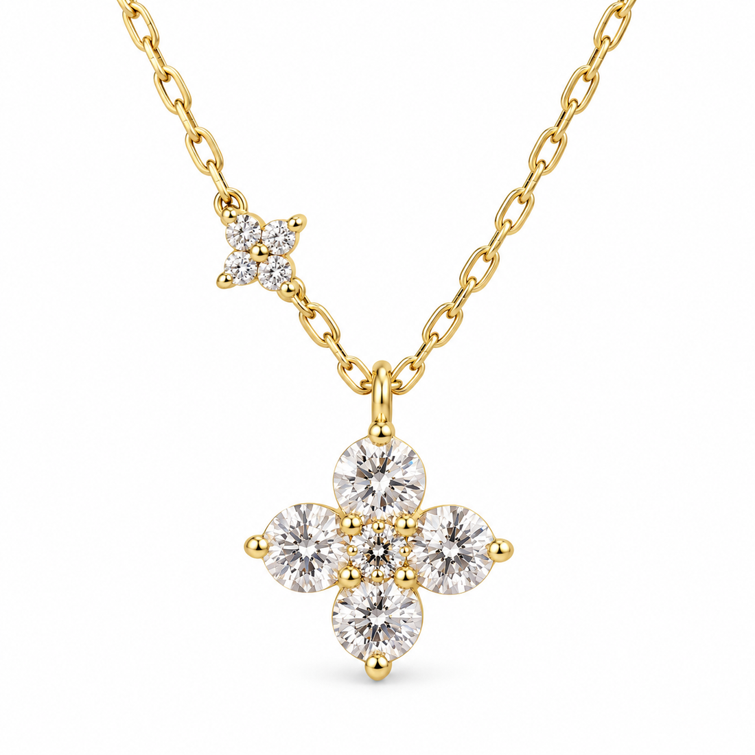 Four Petal Round Cut Floral Cluster Yellow Gold Pendant Necklace