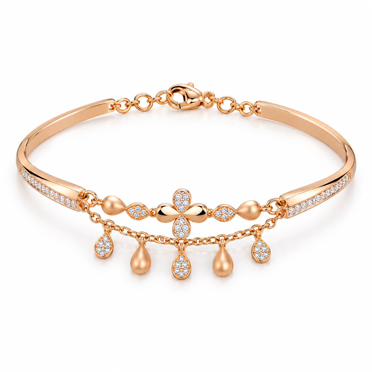 Rose Gold-Tone Floral Bracelet with Dangling Teardrop Charms