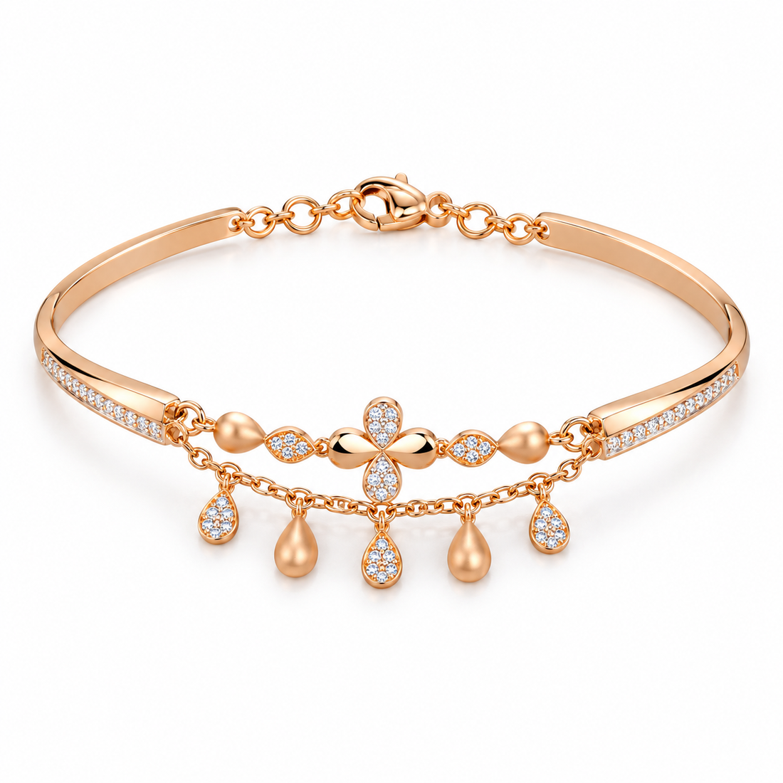 Rose Gold-Tone Floral Bracelet with Dangling Teardrop Charms