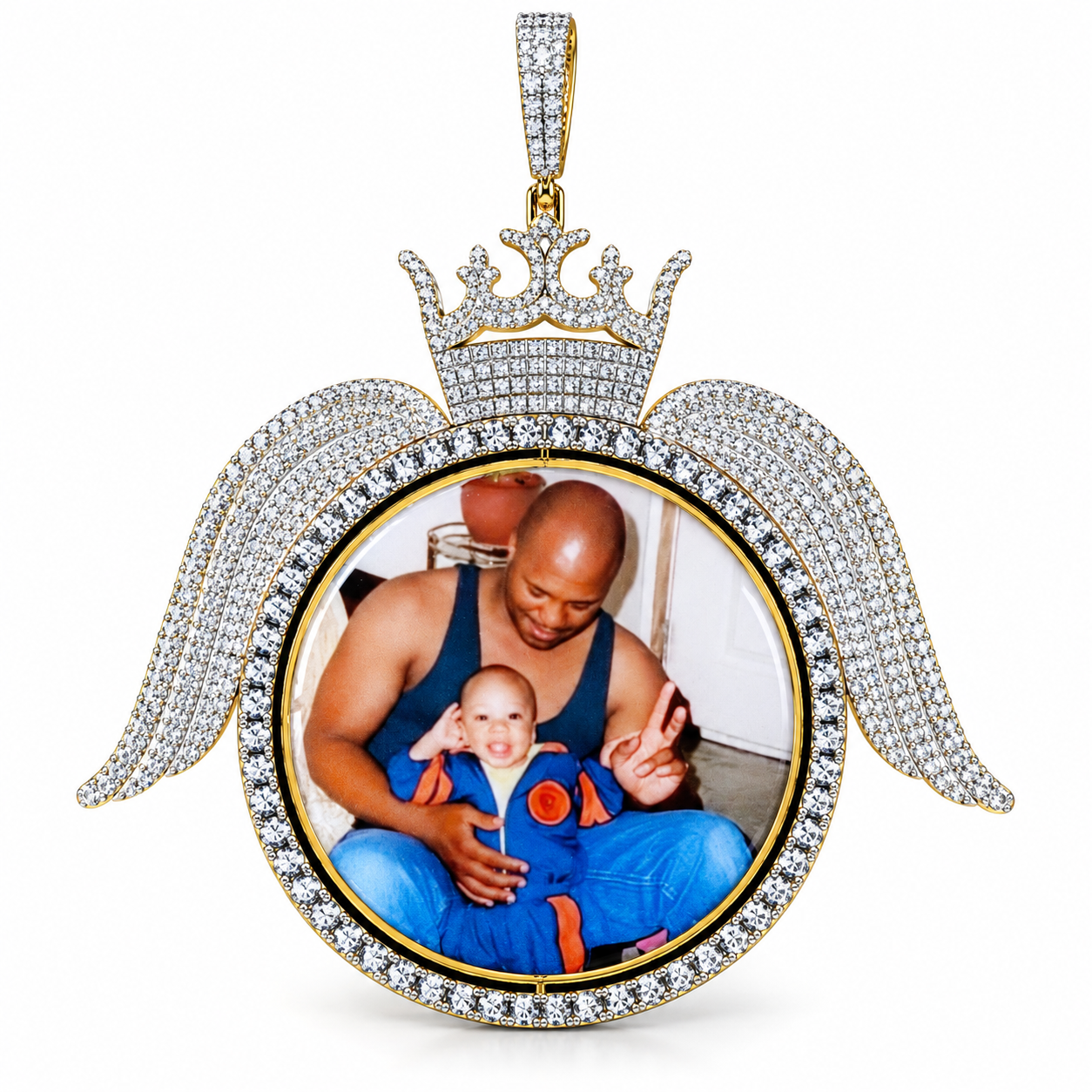 Custom Crown Angel Wings Photo Pendant – Two Tone Iced Out Hip Hop Jewelry