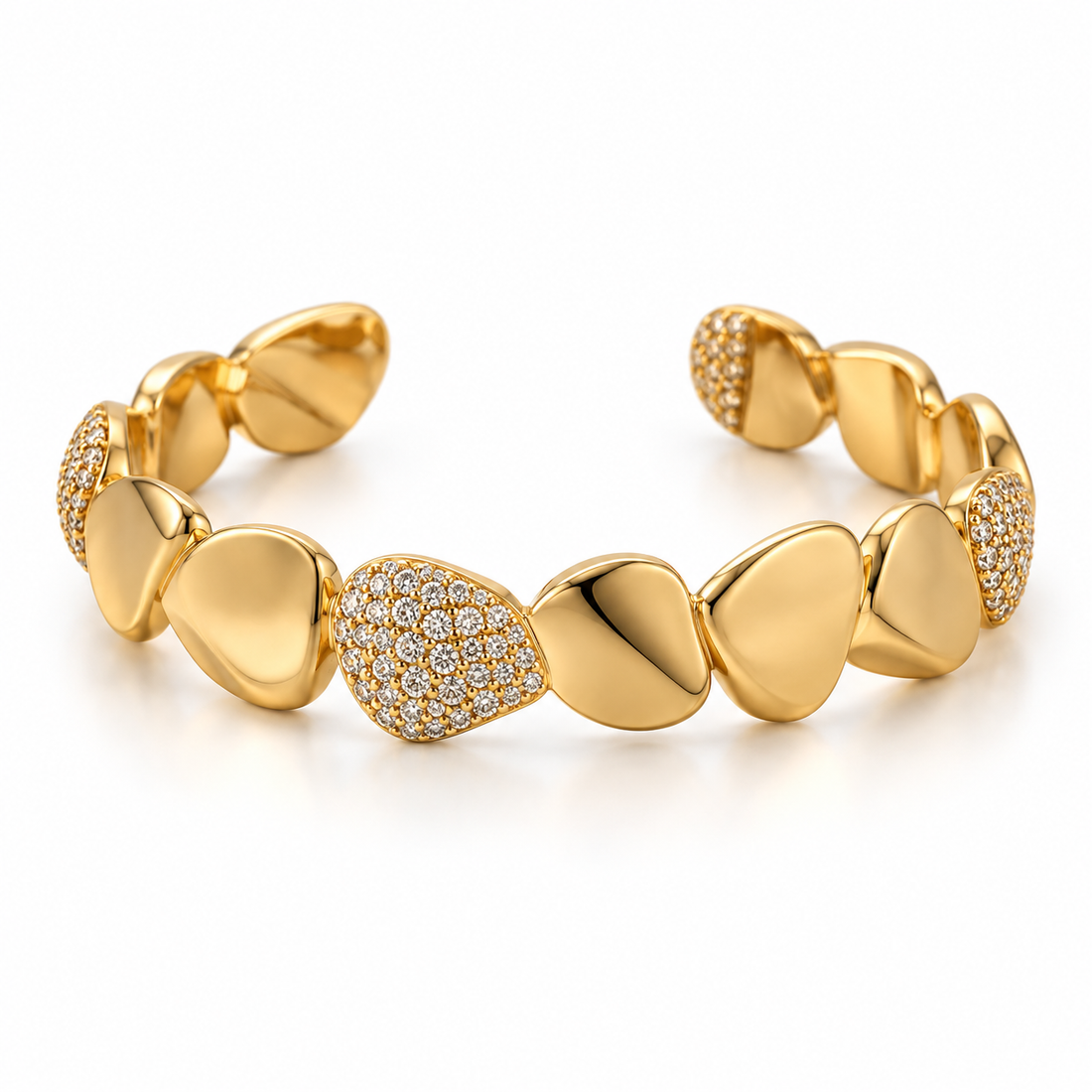 Clear Stone Pavé Pebble Yellow Gold-Tone Open Cuff Bracelet