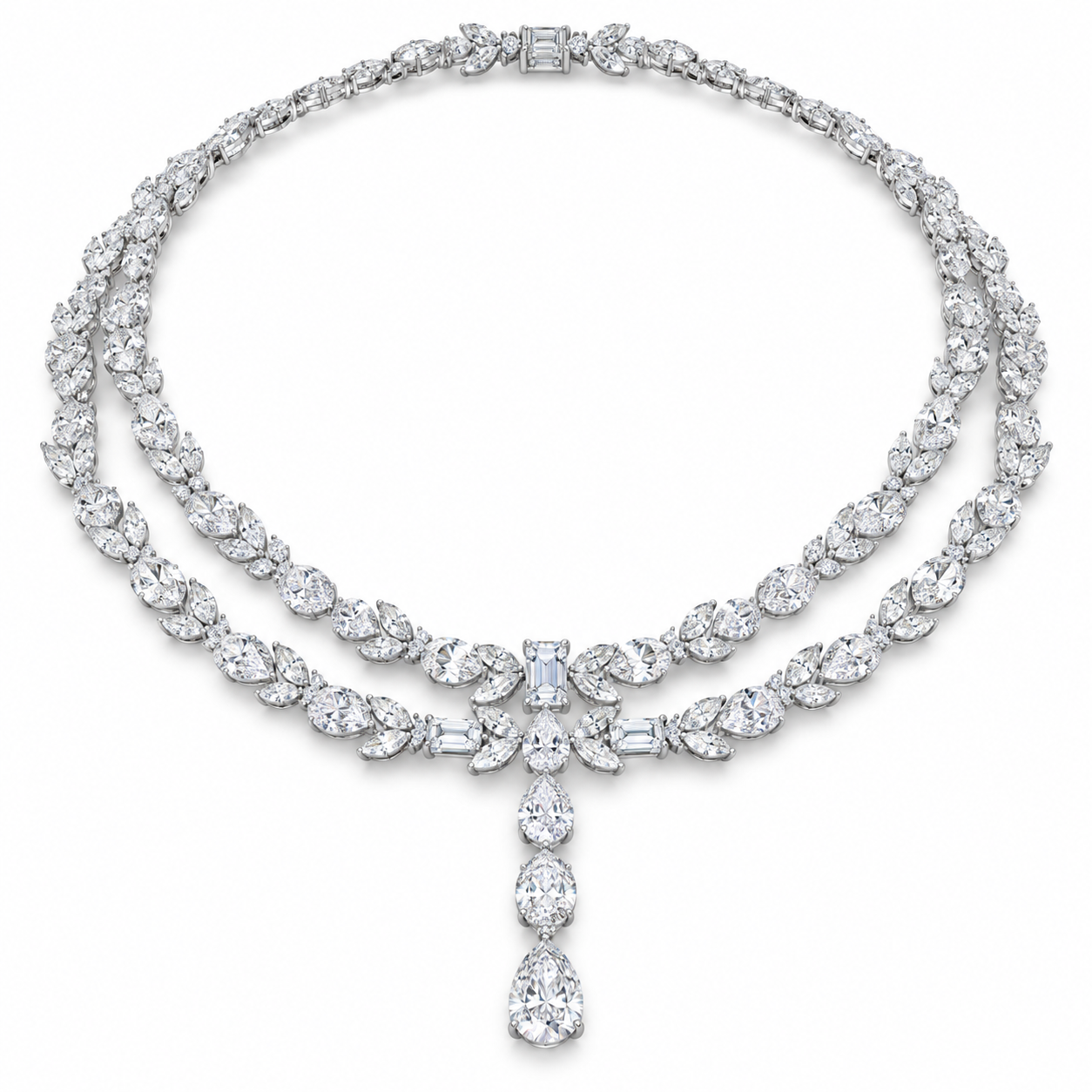 Double Row Marquise & Pear Drop White Gold Statement Necklace