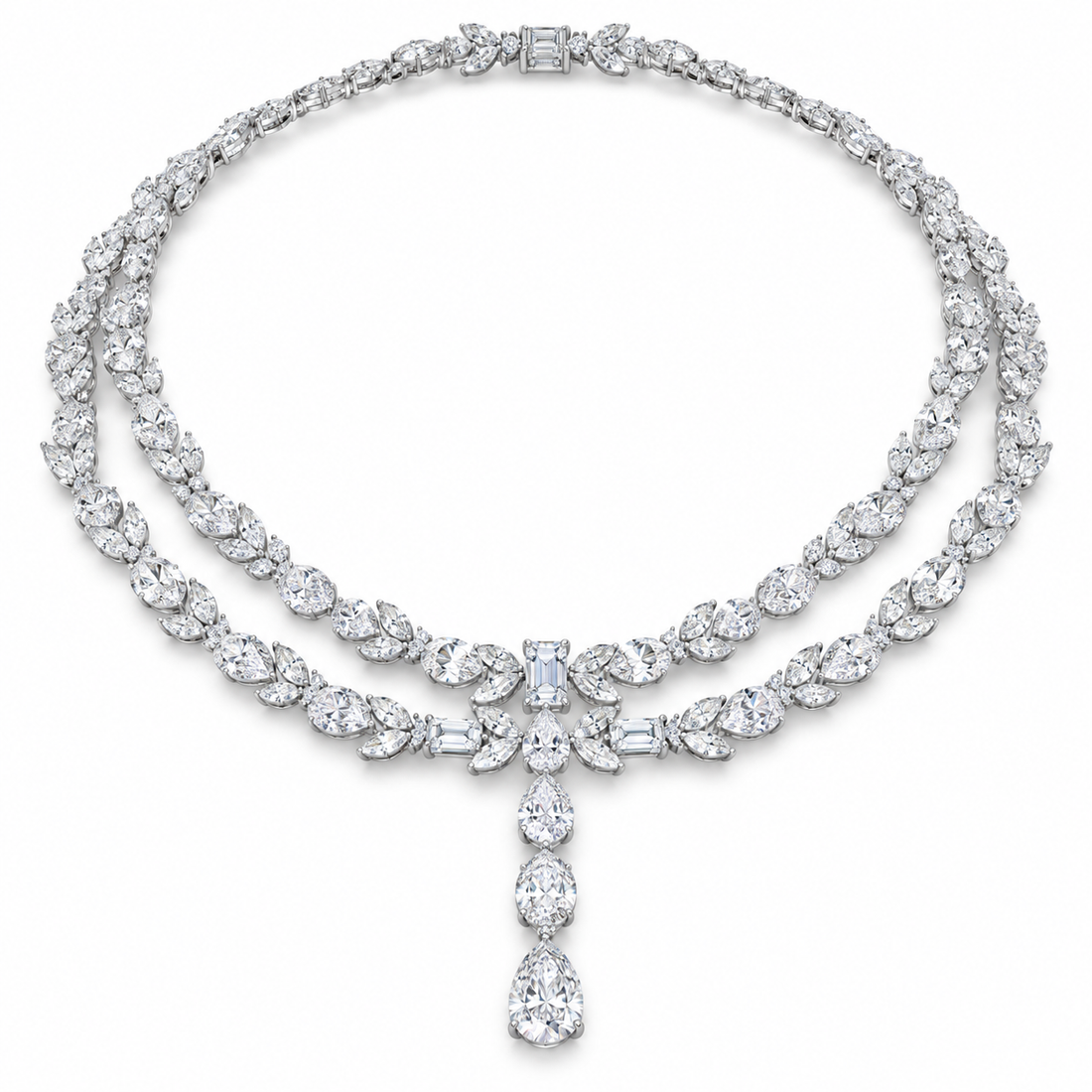Double Row Marquise & Pear Drop White Gold Statement Necklace