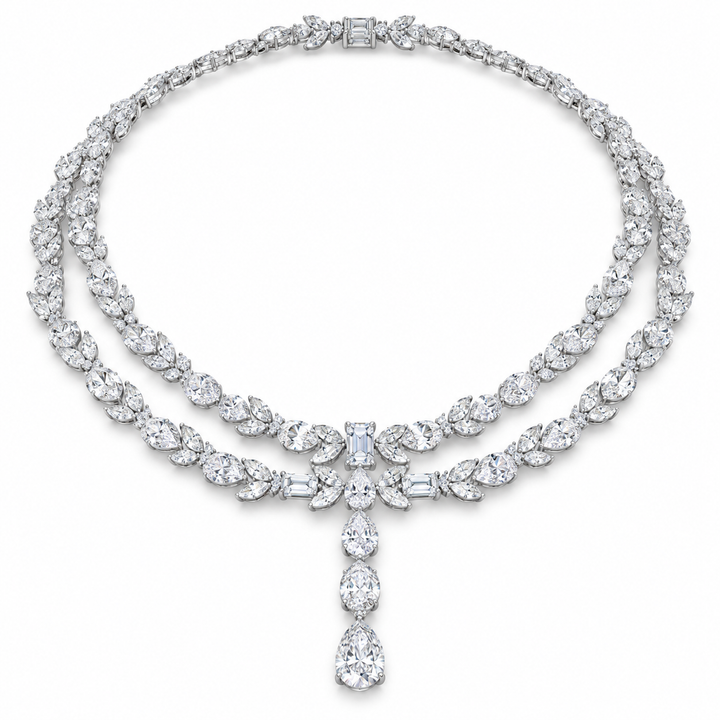 Double Row Marquise & Pear Drop White Gold Statement Necklace