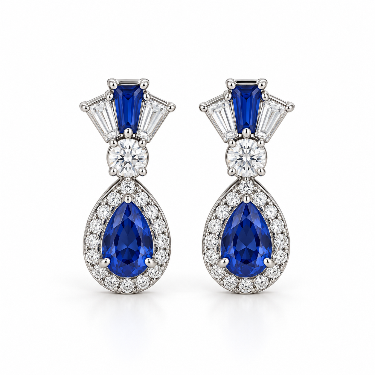 Blue Pear Halo Drop Earrings with Tapered Baguette Accents