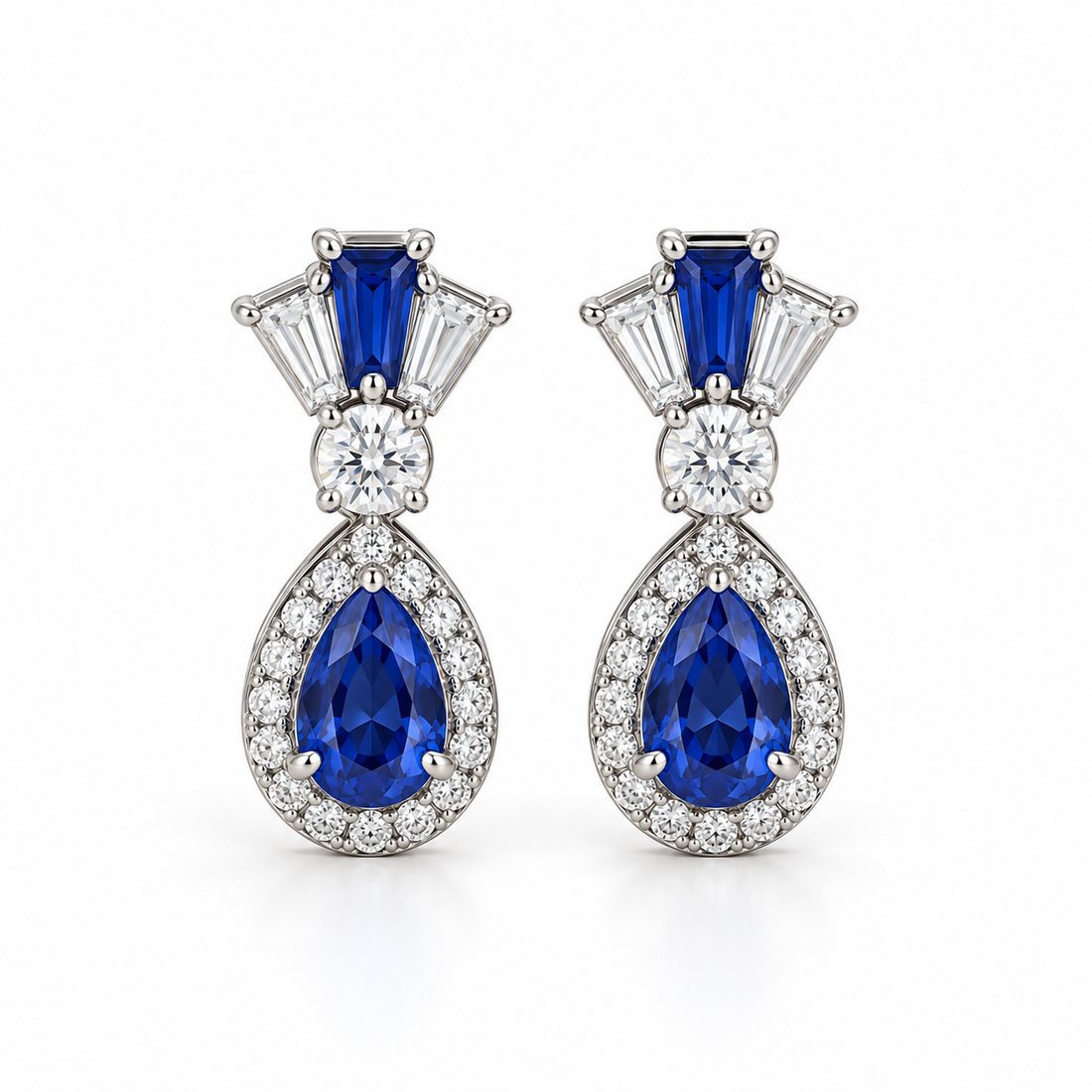 Blue Pear Halo Drop Earrings with Tapered Baguette Accents