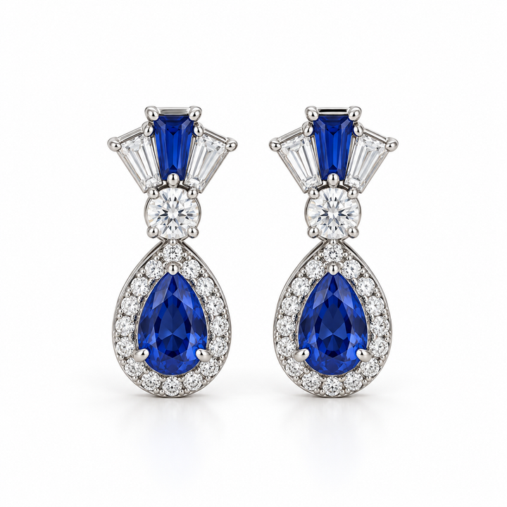 Blue Pear Halo Drop Earrings with Tapered Baguette Accents