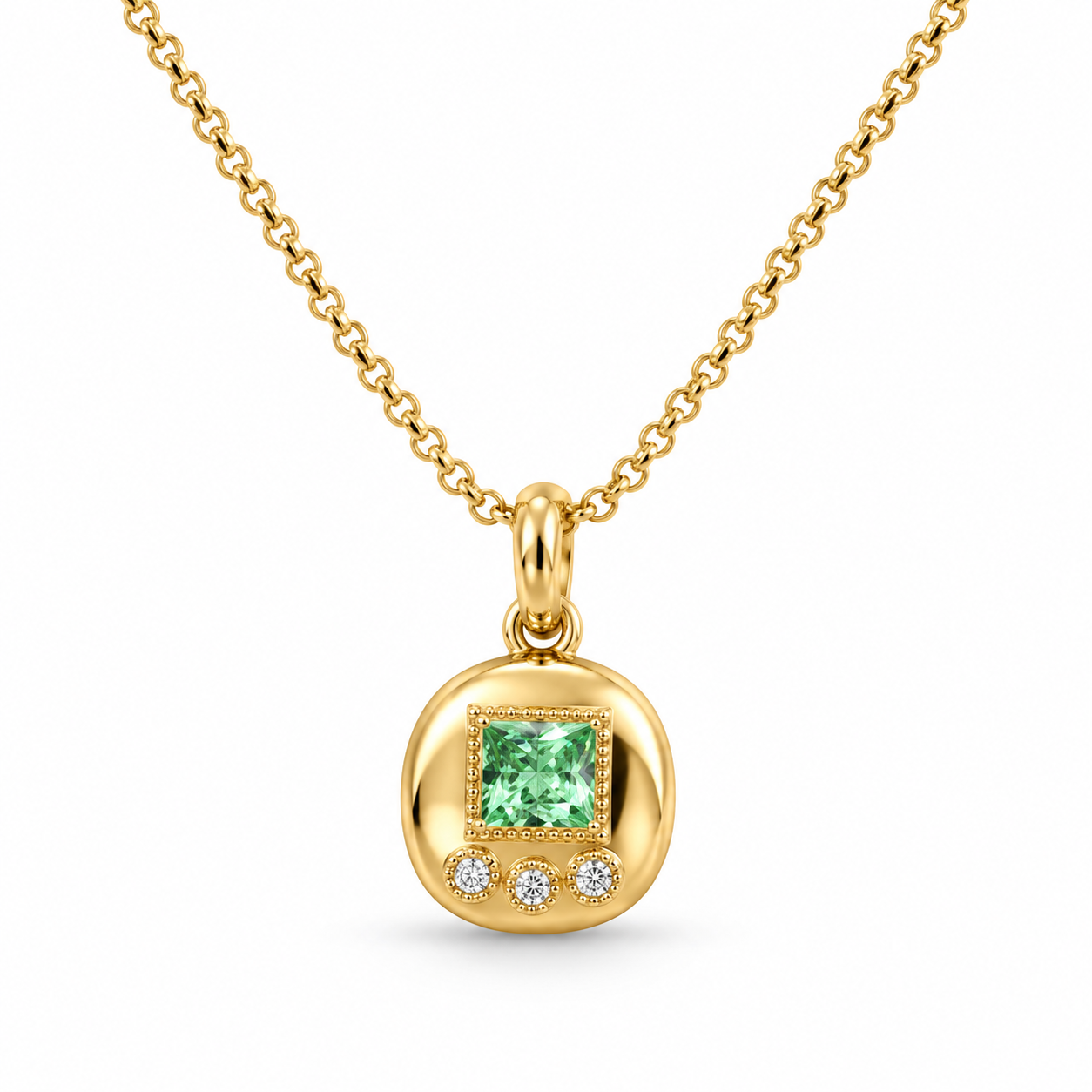 Princess Cut Green Stone Yellow Gold Disc Pendant Necklace