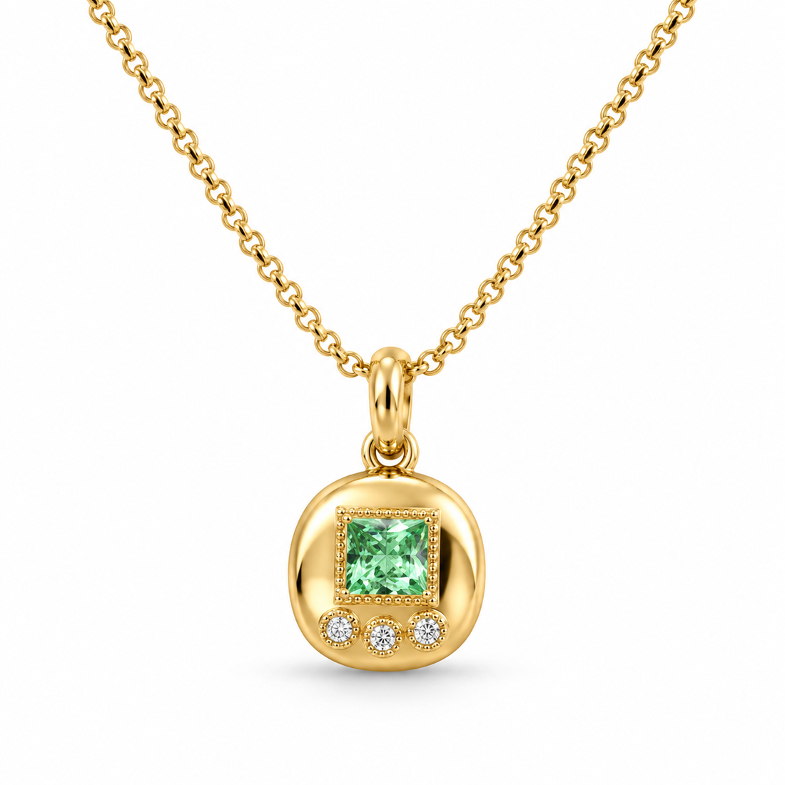 Princess Cut Green Stone Yellow Gold Disc Pendant Necklace