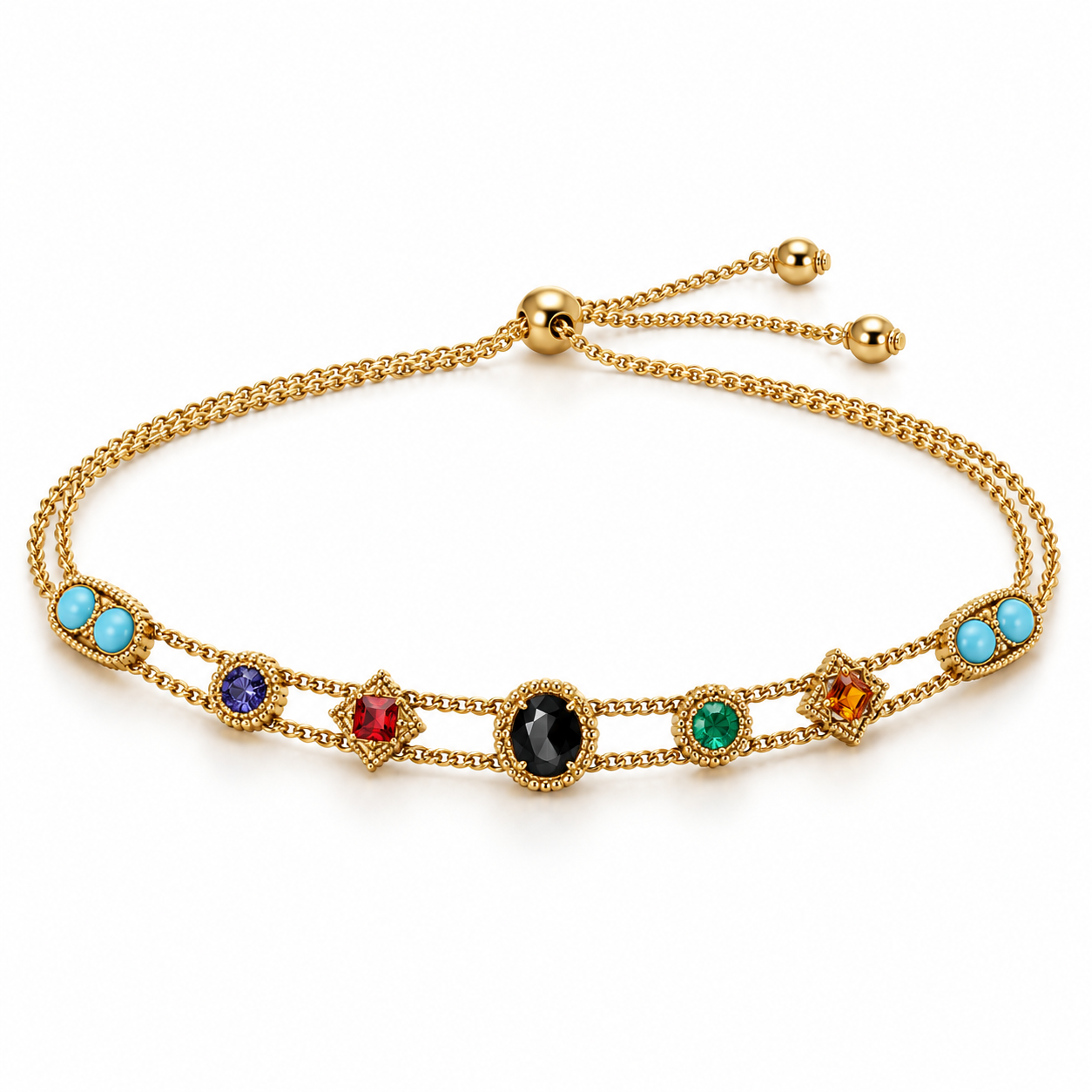Multicolor Stone Double Chain Adjustable Bolo Bracelet in Gold Tone