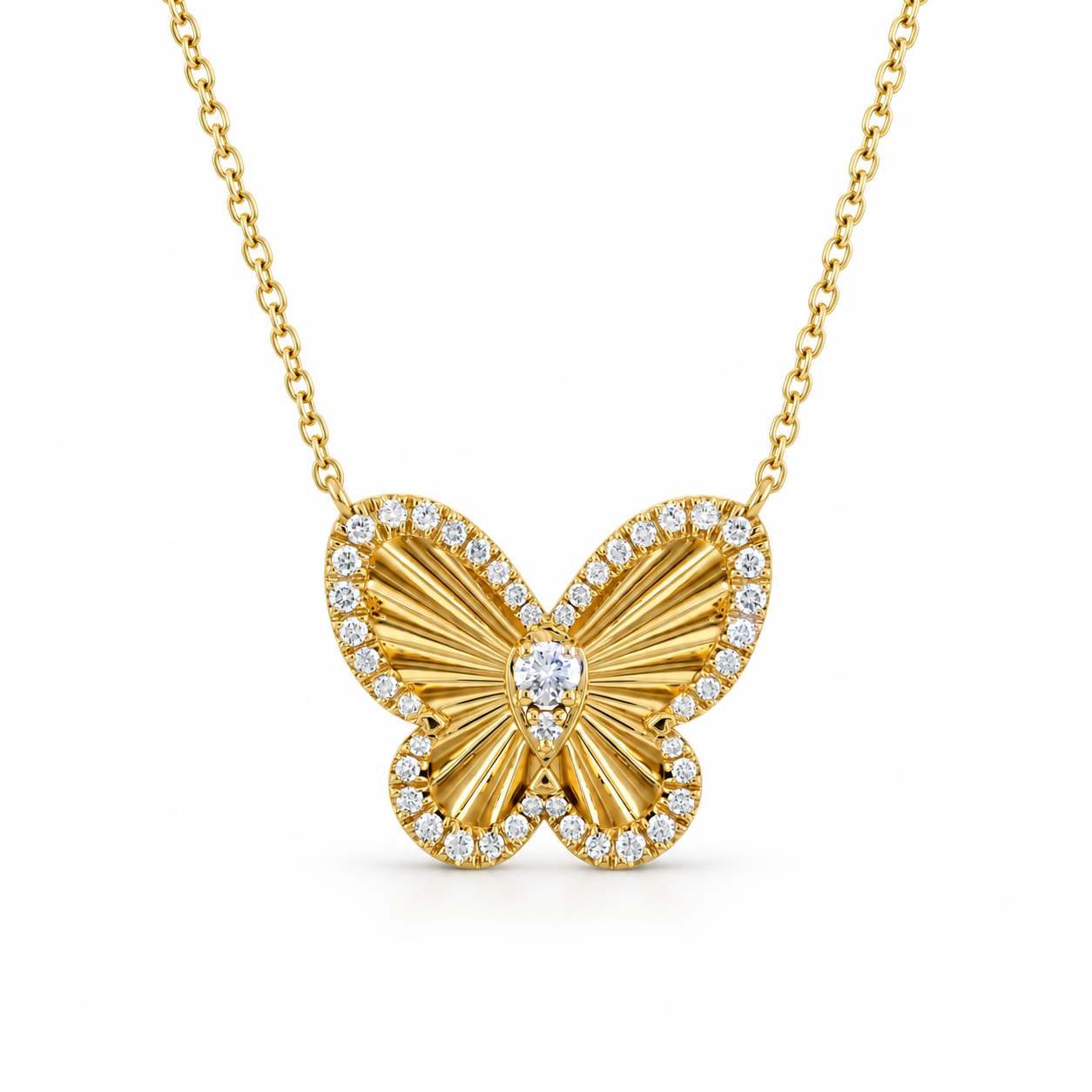 Round Cut Pavé Ribbed Butterfly Yellow Gold Necklace