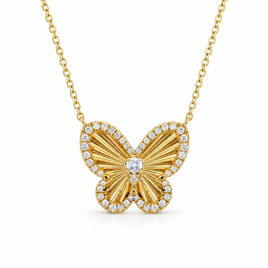 Round Cut Pavé Ribbed Butterfly Yellow Gold Necklace
