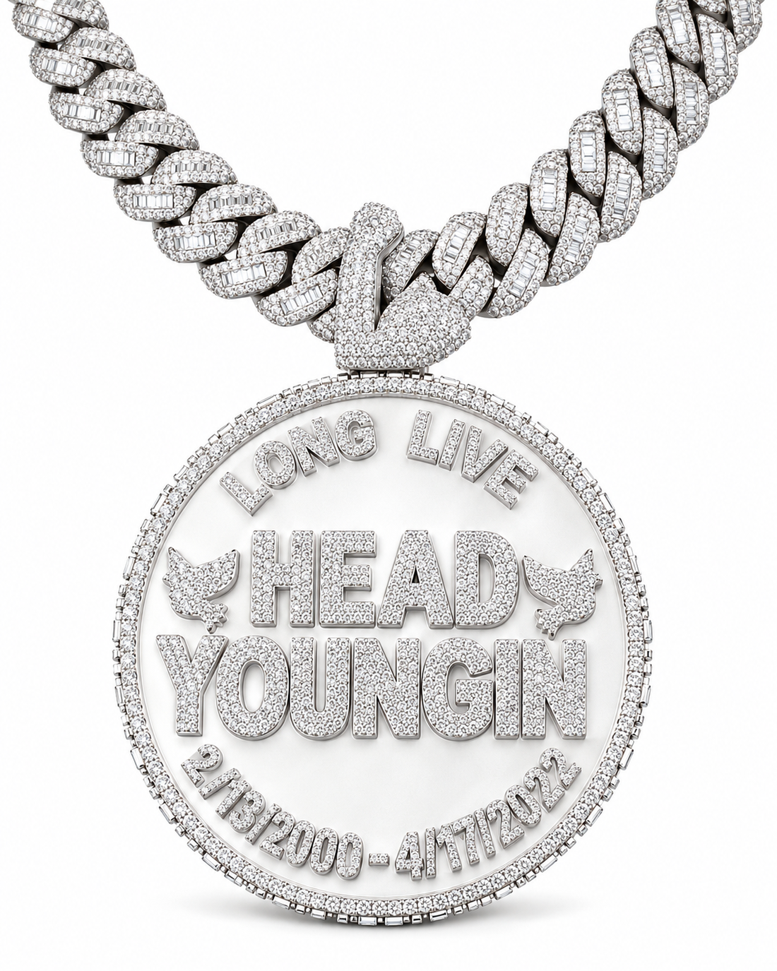 Custom Iced Out Memorial Name & Date Pendant with Swan Bail