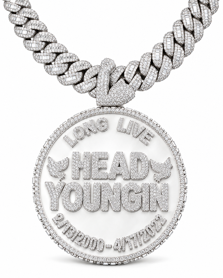 Custom Iced Out Memorial Name & Date Pendant with Swan Bail