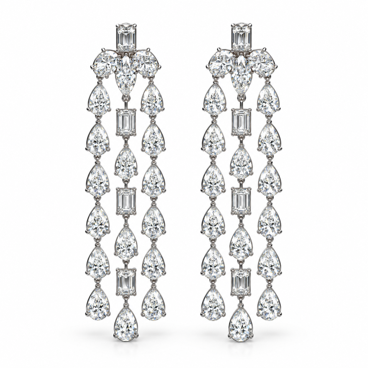 Mixed Cut Three-Strand Chandelier Earrings in White Gold Tone