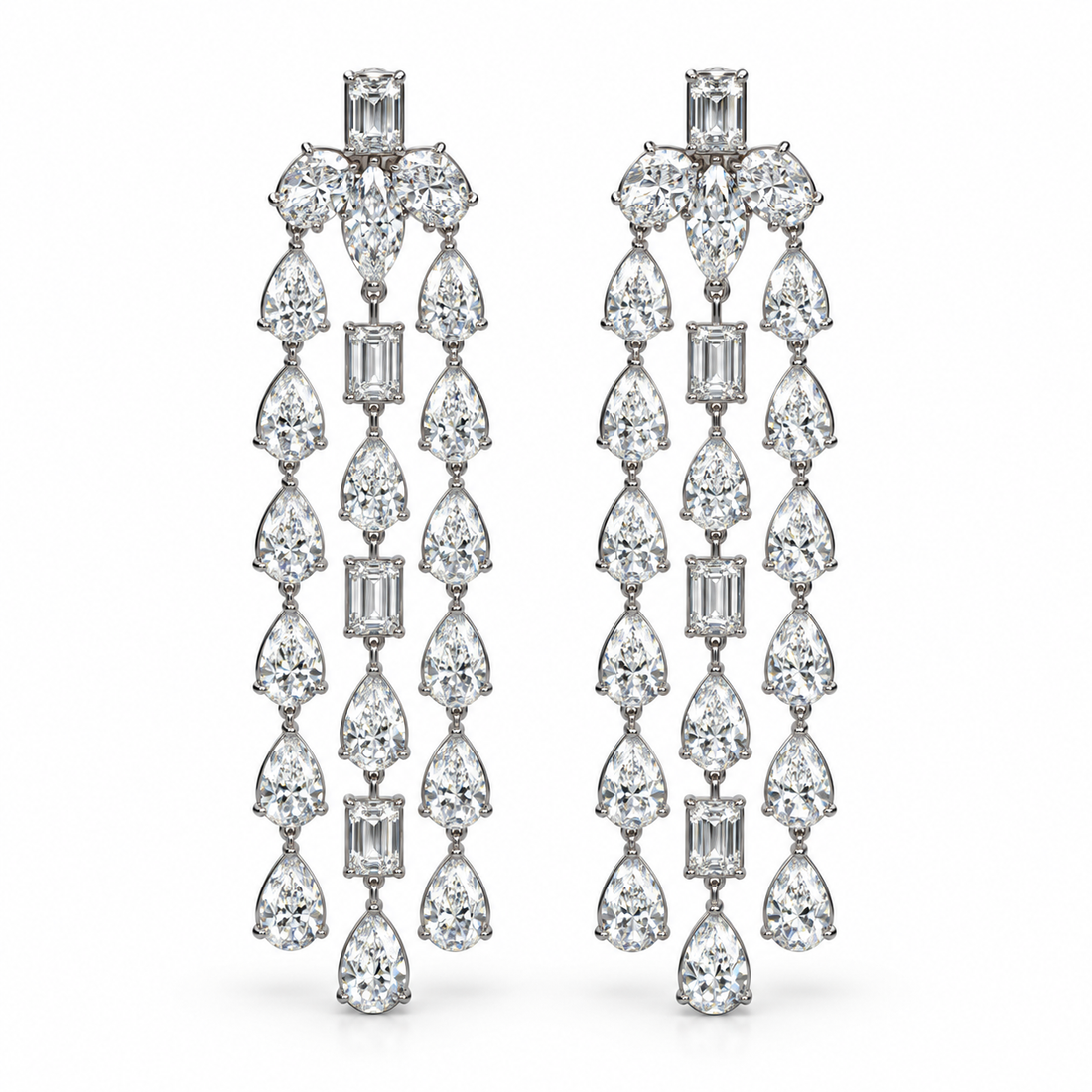 Mixed Cut Three-Strand Chandelier Earrings in White Gold Tone