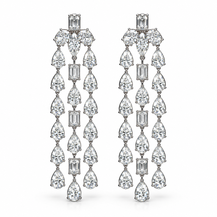 Mixed Cut Three-Strand Chandelier Earrings in White Gold Tone