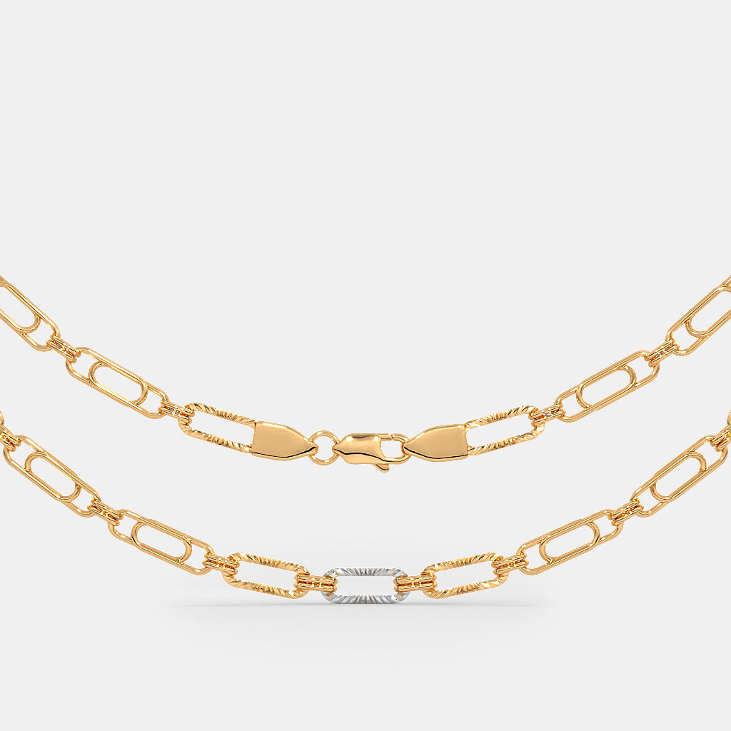 Textured Paperclip Link Gold Chain with Rhodium Accent
