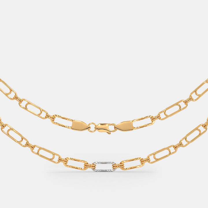 Textured Paperclip Link Gold Chain with Rhodium Accent