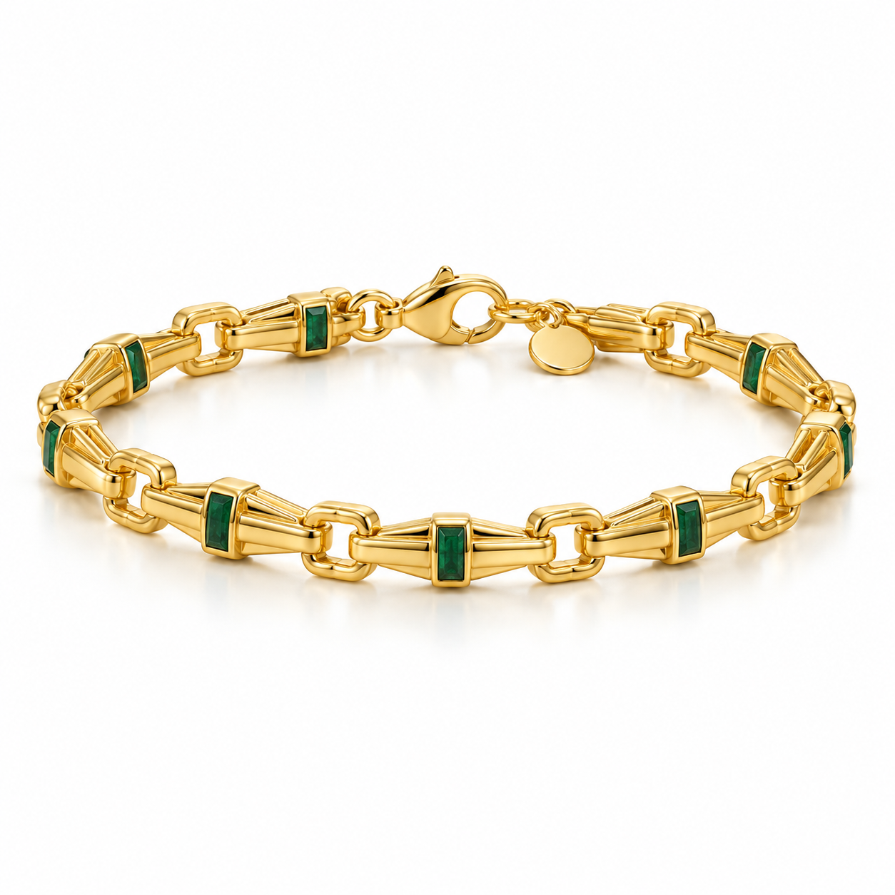 Green Rectangular Stone Yellow Gold-Tone Geometric Link Bracelet