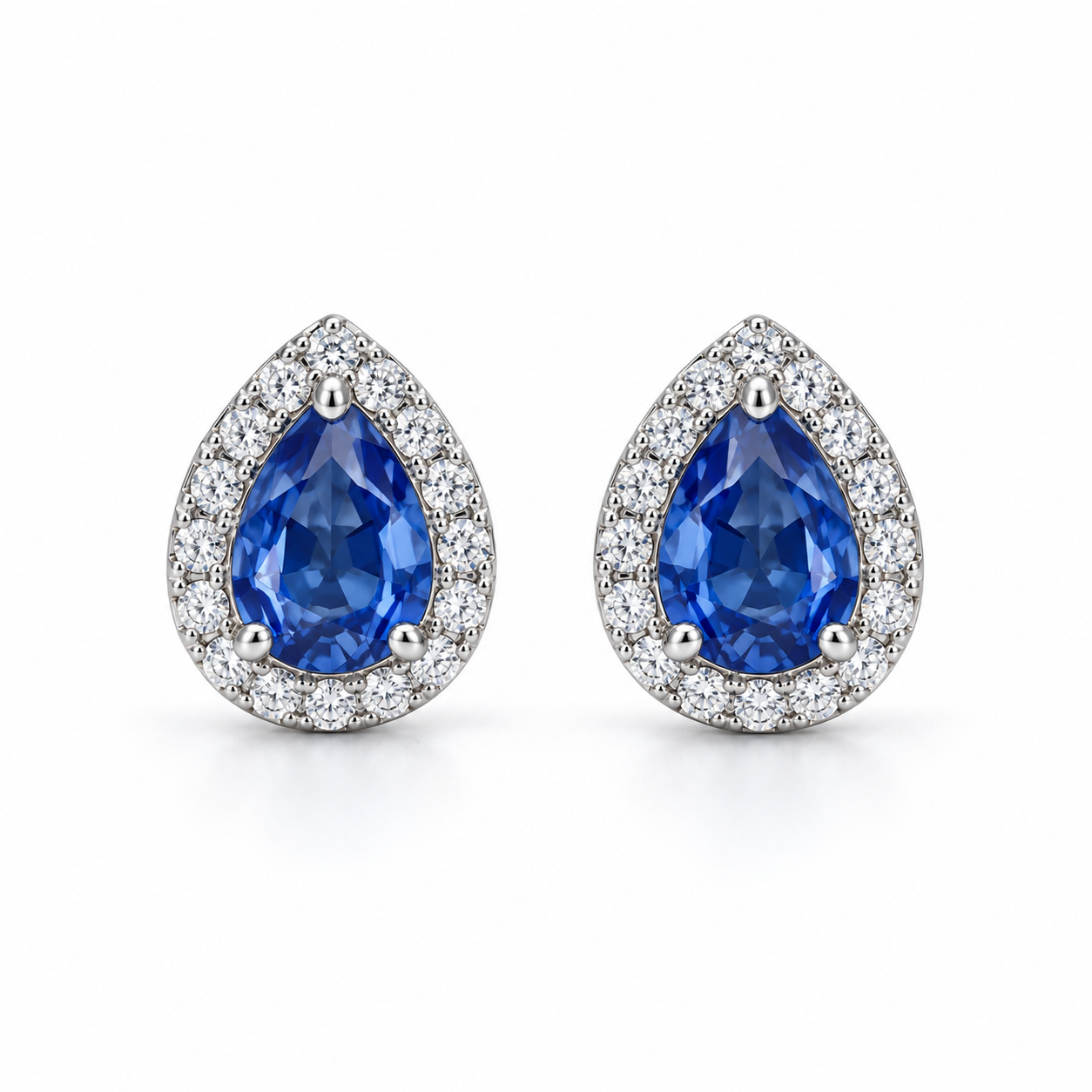 Blue Pear-Shaped Halo Stud Earrings in White Gold Tone