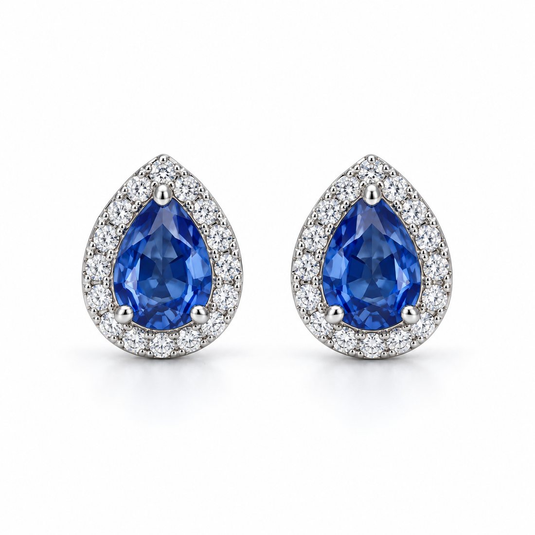 Blue Pear-Shaped Halo Stud Earrings in White Gold Tone