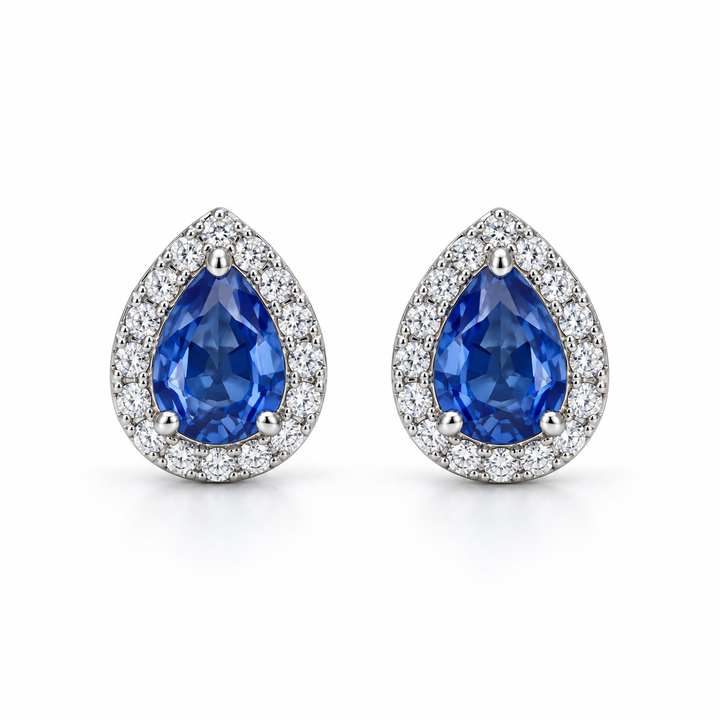 Blue Pear-Shaped Halo Stud Earrings in White Gold Tone