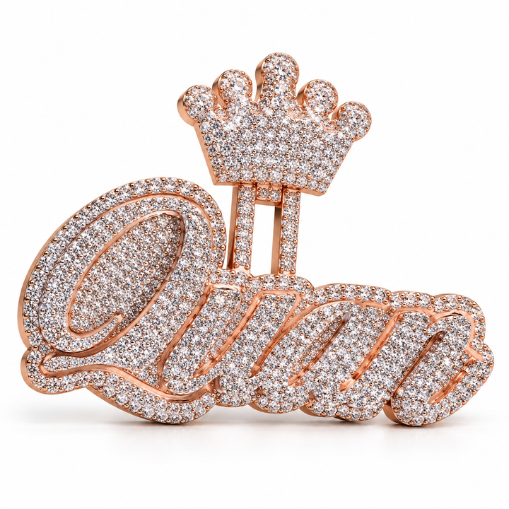 Custom Crown Script Name Iced Out Rose Gold-Tone Pendant – Personalized Hip Hop Jewelry