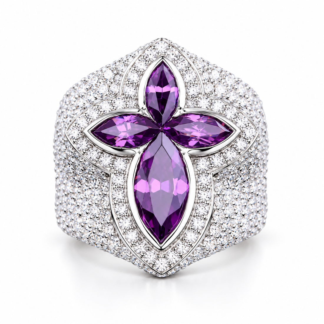 Iced Out Purple Marquise Floral Cross Ring