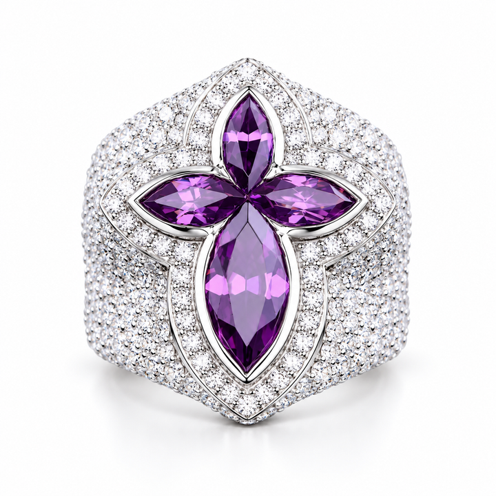 Iced Out Purple Marquise Floral Cross Ring